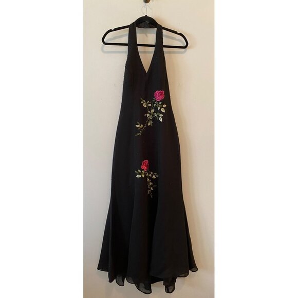 Vintage Morgan & Co. Formal Maxi Dress Black Halter Pink Floral Embroidery  7/8 - Picture 1 of 16